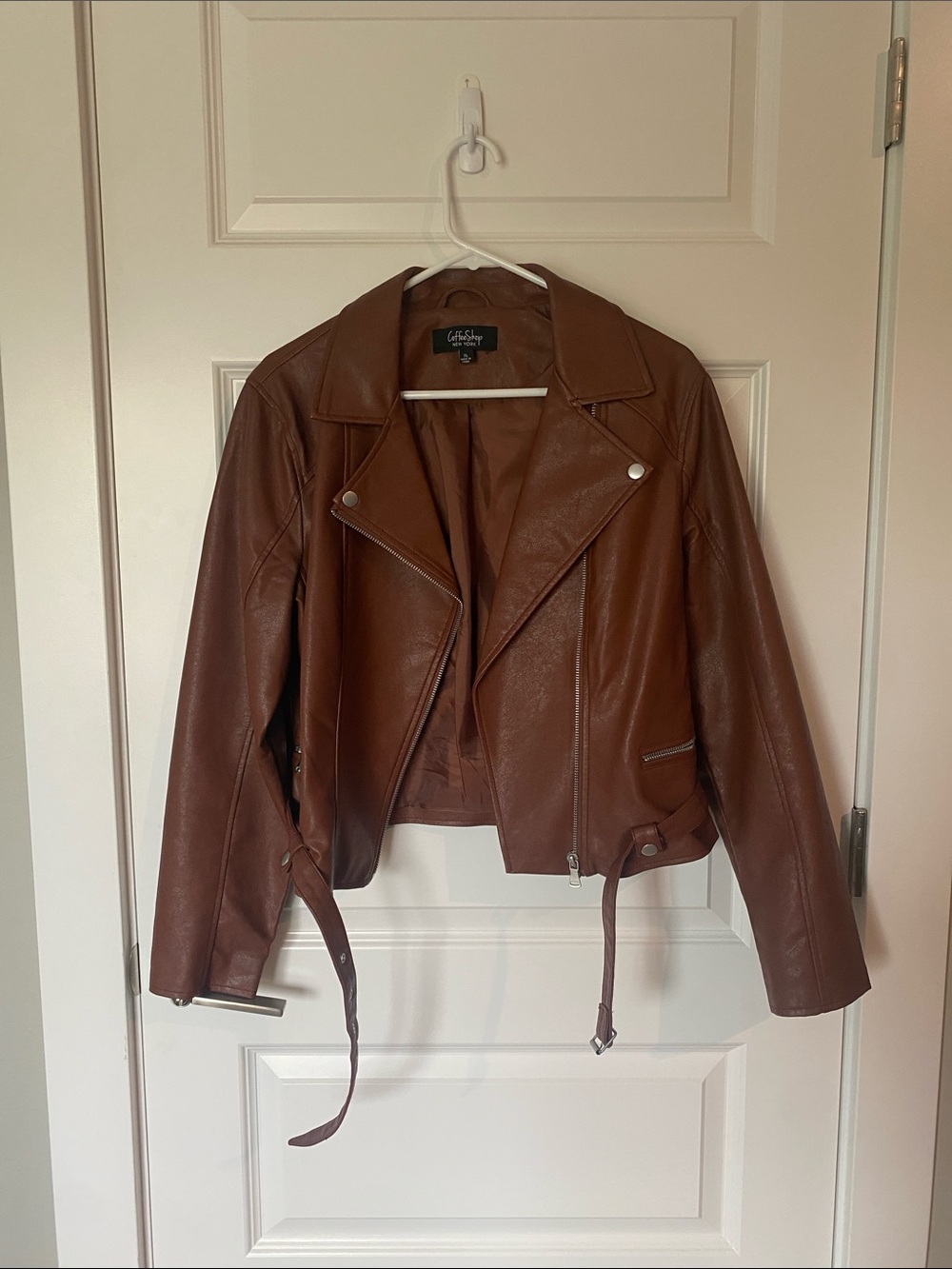 CoffeeShop Cognac Faux Leather Moto Jacket